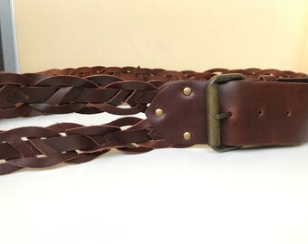wide leather waist belt boho belt L Vintage dark brown leather link belt Brazilian leather belt adjustable waist belt
