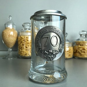 Vintage glazen bierpul voor jubileum - Vintage glazen bierpul met tinnen deksel - Vintage bierpul met plaquette