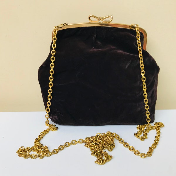 Vintage brown velvet kiss lock crossbody bag