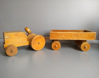 Vintage wooden tractor with trailer - Wooden car - Vintage wooden toy -