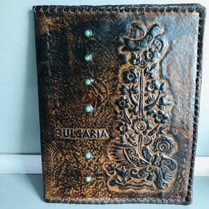 Carpeta de cuero genuino vintage - Carpeta de cuero genuino en relieve - Carpeta de cuero con herramientas vintage - Cartera de cuero genuino