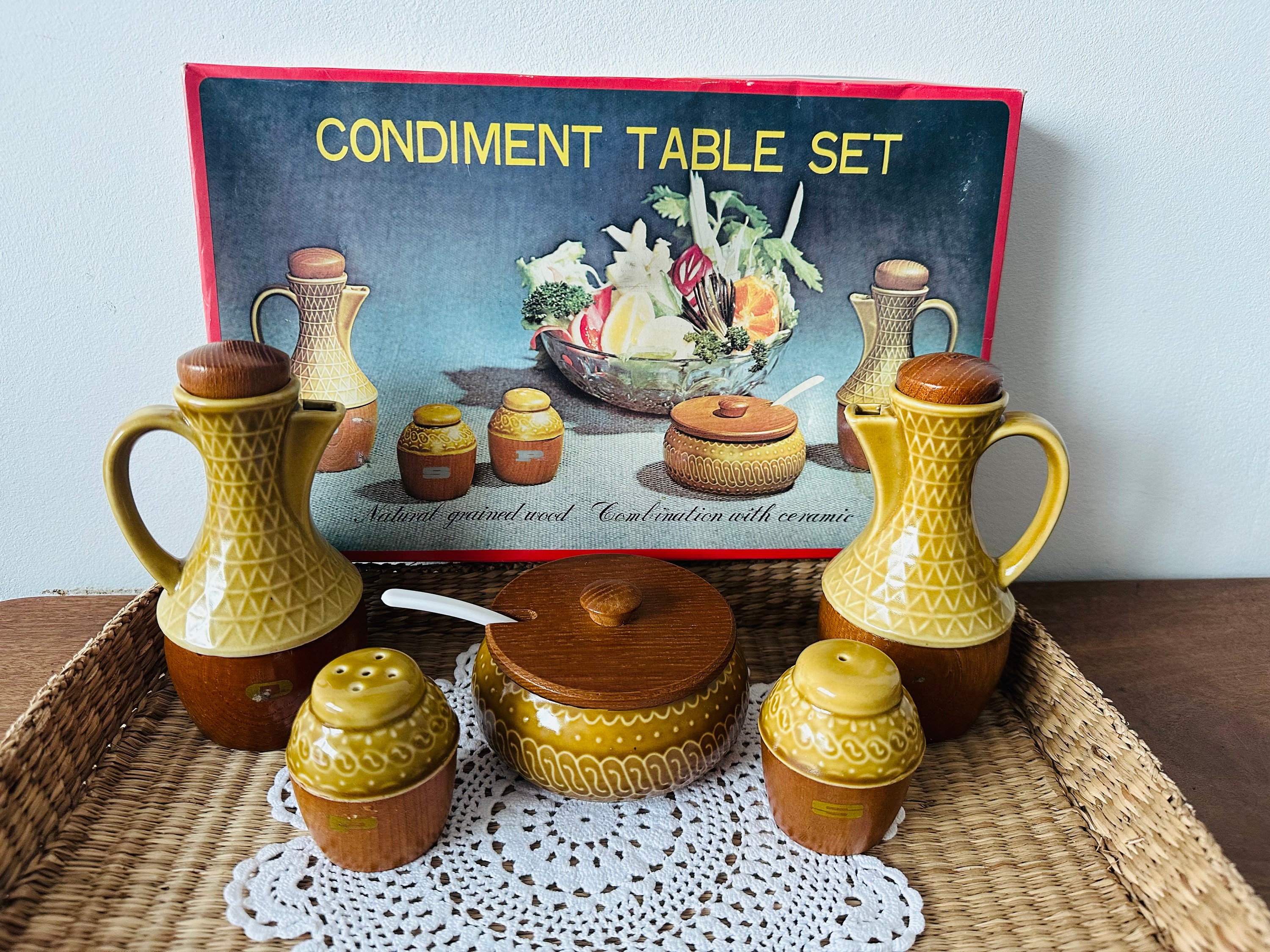 NEVER USED - Vintage Condiment Table Set Natural Grained Wood