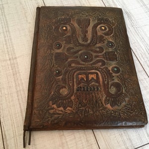 Carpeta grande vintage de piel auténtica - Funda de libro de piel repujada - Carpeta de negocios - Carpeta de piel repujada - Portafolio de piel auténtica