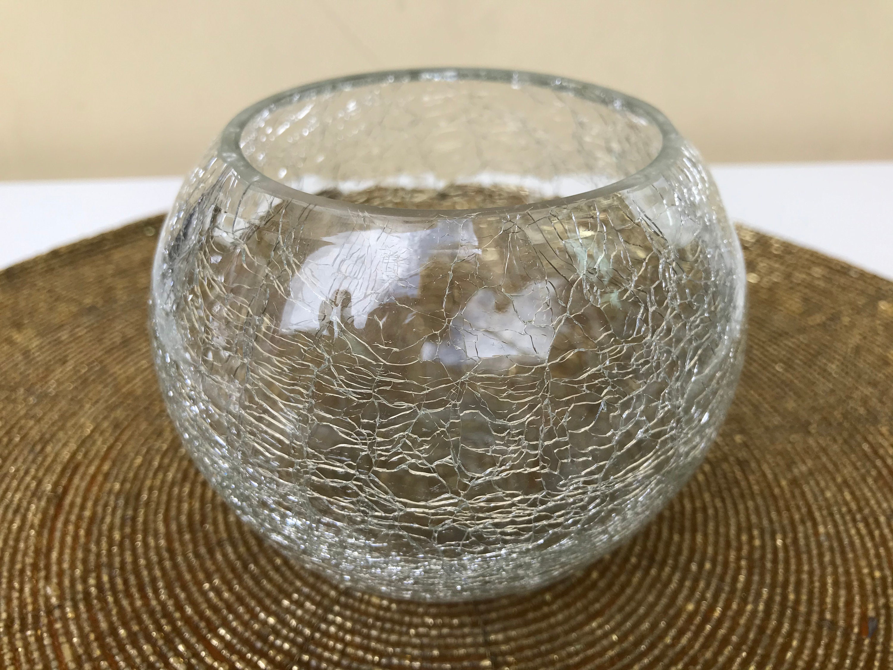 Crackle glass votive candle holder Clear crackle glass round Etsy
