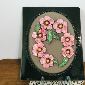 Vintage Jie Gantofta ceramic wall plaque with pink flowers - Wall plaque with flowers JIE Gantofta