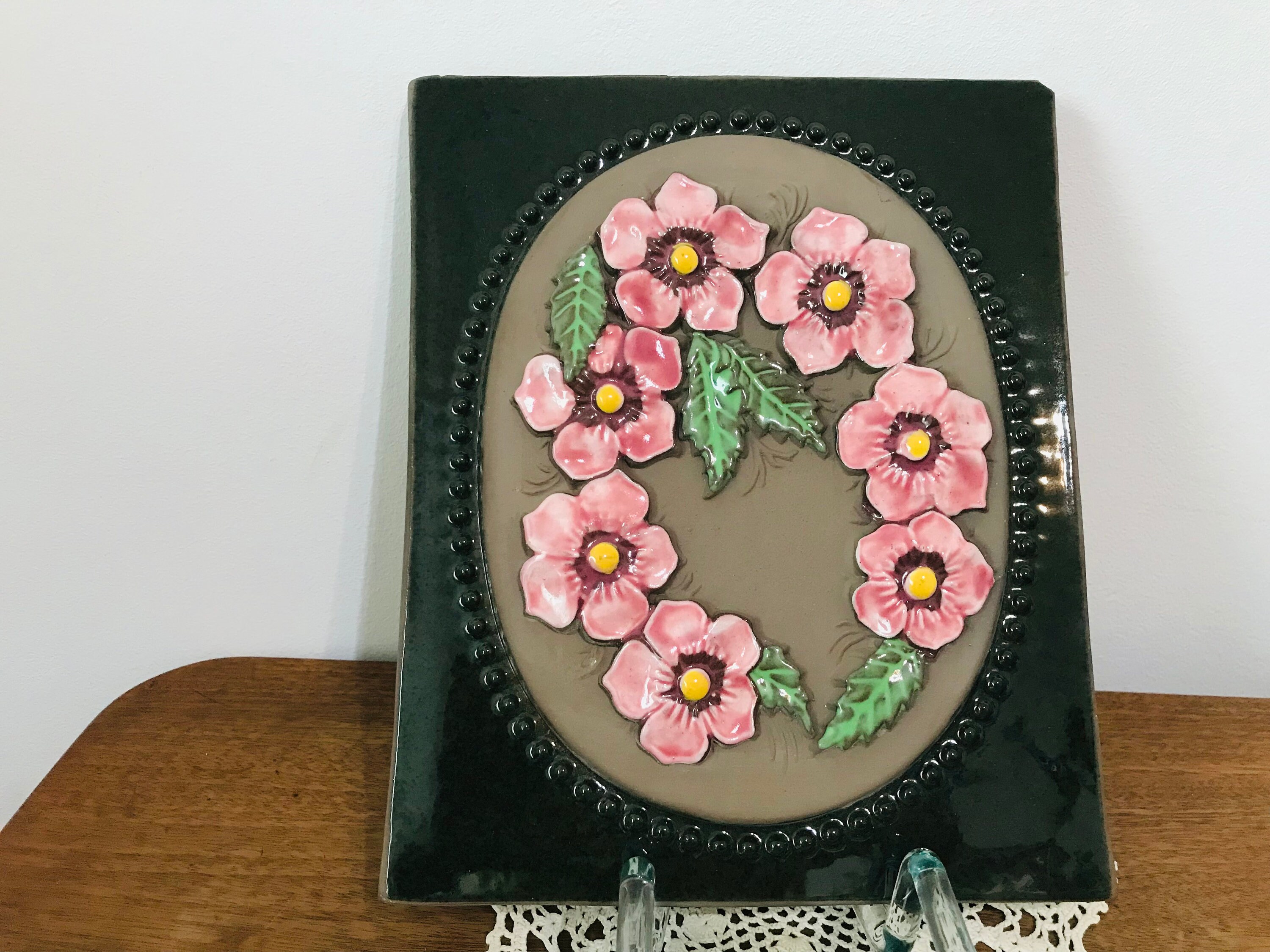【Jie gantofta】୨୧薔薇の陶板୨୧ピンク Vintage Jie Gantofta Ceramic Wall Plaque With Pink Flowers
