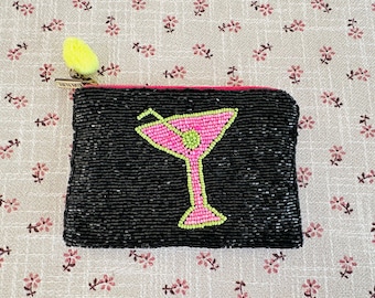 Fun beaded coin pouch - Black beaded coin pouch with pink cocktail - (3)