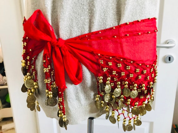 Pañuelo de danza del vientre rojo bordado con flecos - 18,50 €