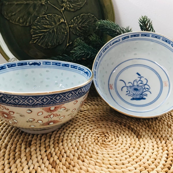 Vintage set of 2 Chinese rice grain porcelain round bowls gold band - Rice chinese soup bowl