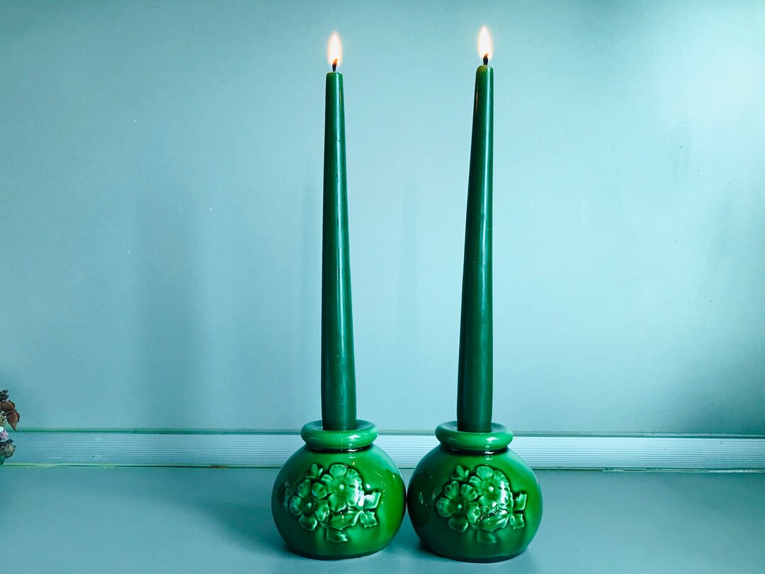 Vintage Set of 2 Green Candlesticks Set of 2 Ceramic Candle Etsy