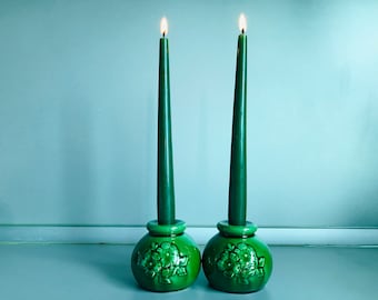 Vintage set of 2 green candlesticks - Set of 2 ceramic candle holder