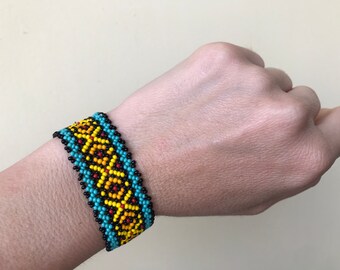 Woven cuff bracelet beads - Woven beaded bracelet - Rainbow bead woven bracelet