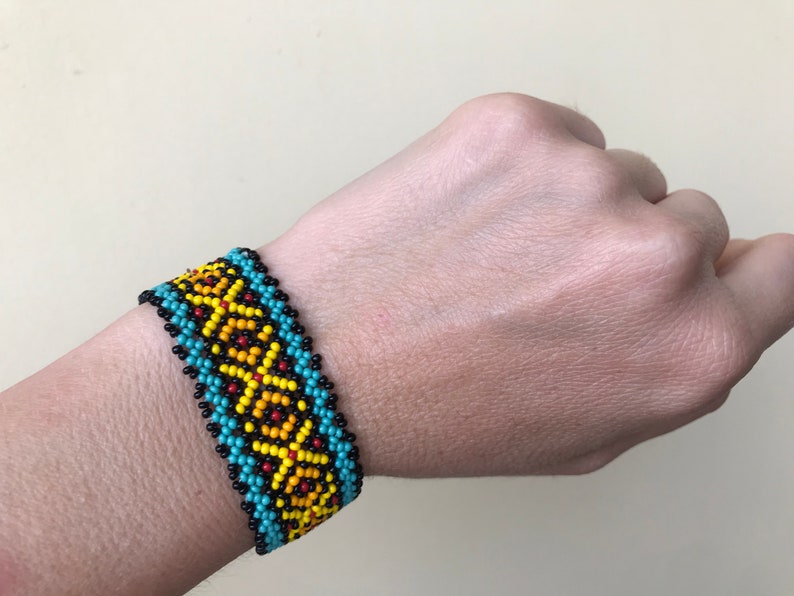 Woven cuff bracelet beads Woven beaded bracelet Rainbow Etsy