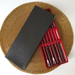 Vintage set of 6 stainless steel fondue forks in original box - Colorful fondue spears with wood handles