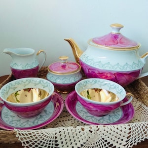 Vintage Wawel Poland tea ot coffee set marble pink with gold