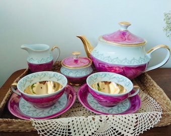 Conjunto de chá ou café Wawel Polônia vintage mármore rosa com ouro