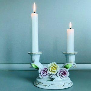 Vintage porcelain candlestick with flowers and 2 arms - Porcelain double candelabra - Candlestick holder with roses