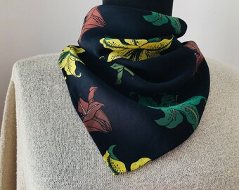 Silk scarf with flowers - Silk neck scarf - Small silk scarf