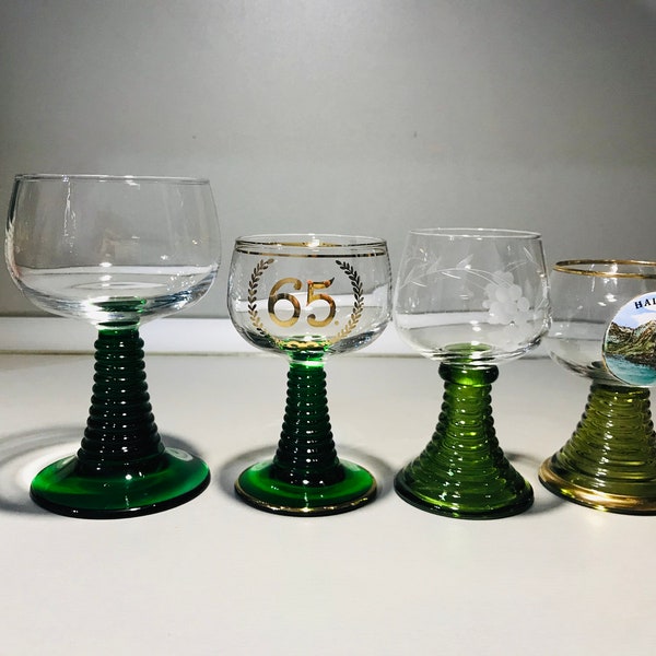 Vintage set of 4 different Römer glass - Vintage  Römer Glass - Green Stemmed Roemer German wine glass