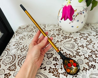 Vintage Khokhloma hand painted long wooden spoon - Vintage Khokhloma spoon with long handle