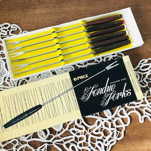 Vintage set of 6 Fondue Forks in Original Box - Colorful Fondue Spears with Wood Handles