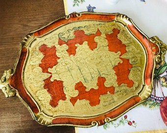 Vintage Italian Florentine tray with handles - Florentine Tray - Gold and orange Florentine tray - (24)