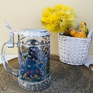 Vintage West-Duitse glazen bierkroes met tinnen deksel - Glazen bierpul met tinnen deksel