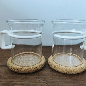 Vintage set of 2 BODUM tea glasses with cork coaster - Set of 2 Bodum Bistro tea or coffee mugs with white handle