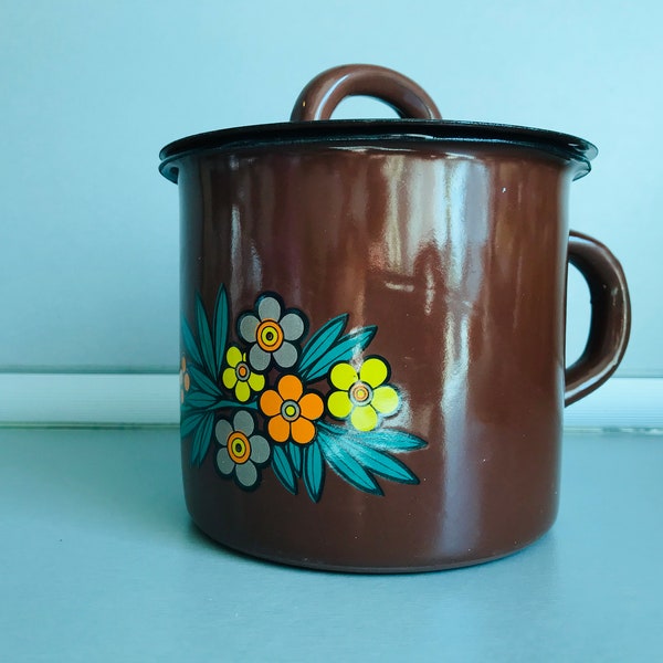 Brown small milk pan with lid and flowes - Enamel pot with lid - Enamel milk pan with lid