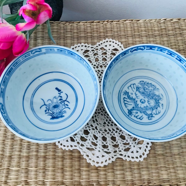 Vintage set of 2 Chinese rice grain porcelain bowl - Rice chinese soup bowl - Chinese rice grain porcelain soup bowl