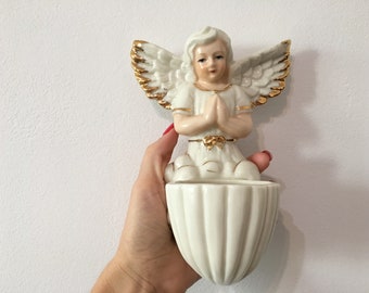 Vintage Angel Holy Water Font - Wall Angel Holy Water Font - Religious Figurine Wall Hanging