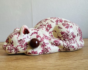 Vintage ceramic cat - Large ceramic cat with flowers - Vintage ceramic floral sleeping cat statue - (13)