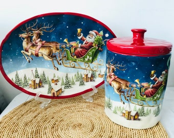 NEVER USED - HERVIT Christmas oval plate in original box - Oval plate decorated on Christmas Eve