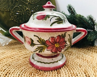 Vintage handmade hand painted sugar bowl with 2 handles