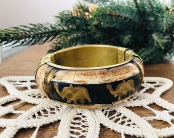 Pulsera vintage de hueso y latón - Pulsera Massive Bone Brass - Pulsera vintage - Brazalete vintage de latón y hueso de los años 70 - Brazalete de hueso - Hueso