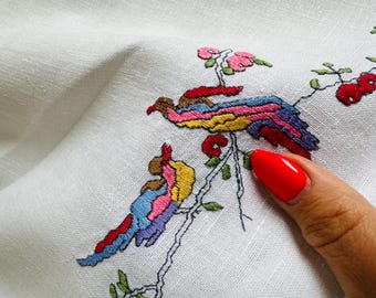 ヴィンテージハンドメイド刺繍クロスステッチ夏の花のテーブルクロス