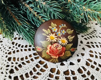 Broche Ovale Bois Noir Motif Floral Peint à La Main Signée Vintage - Occasion Parfaite