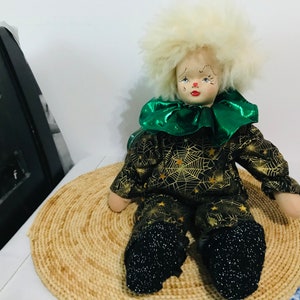 Bambola clown vintage fatta a mano - Bambola clown da collezione - Bambola clown vintage - Bambole clown con capelli in vera pelliccia - Bambola clown con viso dipinto a mano