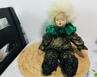 Vintage handmade clown doll - Collectible clown doll - Vintage clown doll - Clown dolls with hair genuine fur - Hand painted face clown doll