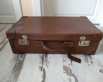 Antique Genuine Leather Suitcase - Vintage French Leather Suitcase - French Antique Leather Suitcase Luggage