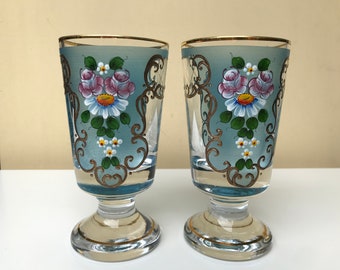 Conjunto vintage de 2 taças de vidro pintadas à mão - Taças pintadas à mão - Taças de flores coloridas