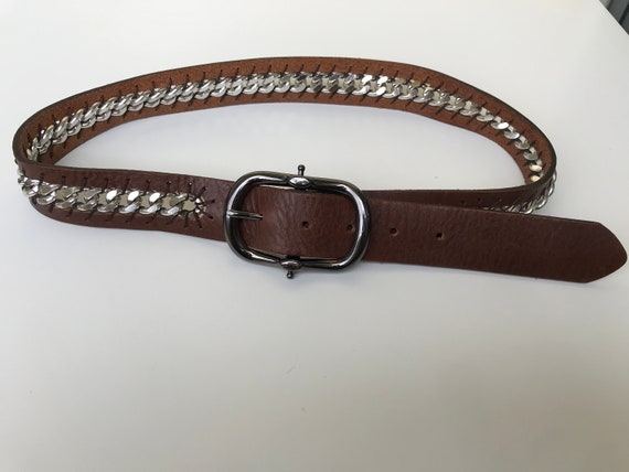 Brown Leather Belt with Silver Chain Genuine Leather Brown Belt - Genuine Leather Brown Belt With  main image 3