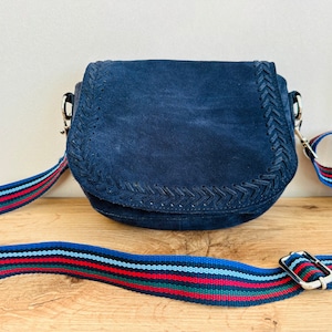 Borsa in vera pelle scamosciata blu scuro - Borsa a tracolla blu scuro - (2)