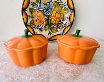 Set of 2 pumpkin bowl with lid - Pumpkin shaped ceramic bowl with lid - (14)