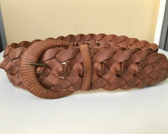 Vintage woven genuine leather belt - Leather braided wide brown belt - Beautiful brown belt