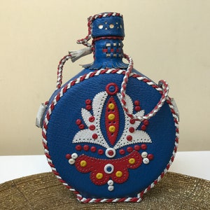Vintage glass with genuine leather water flask - Hand made glass flask -