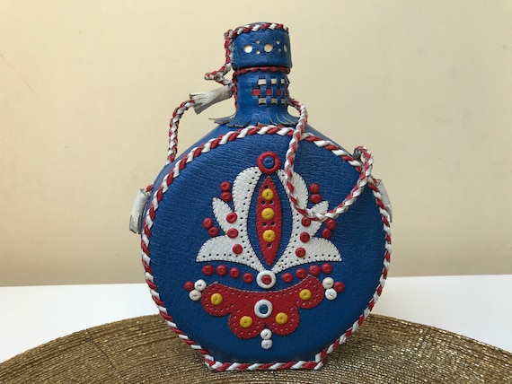 Gourde Ancienne En Verre Et Cuir - Vintage 1940-1960 - Fabrication Française