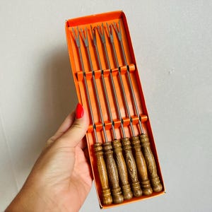 NEVER USED - Vintage set of 6 Fondue Forks in Original Box - Colorful Fondue Spears with Wood Handles - 13