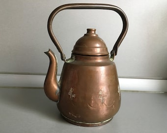 Antique copper kettle - Vintage copper kettle - Copper teapot or coffee pot - Primitive embossed teapot - Antique Hammered Copper Teapot