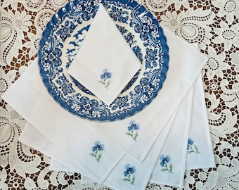 Vintage set of 6 embroidered napkins with flower - Embroidery cross stitch napkins - Dinner napkins with cross stitch and blue flower